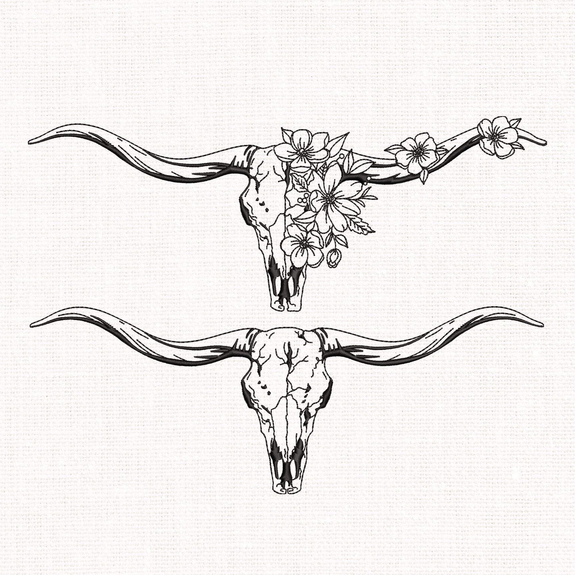 2 Texas Longhorn Cow Skull Embroidery Design Texas Cattle Skull Longhorn Flowers Floral Bull