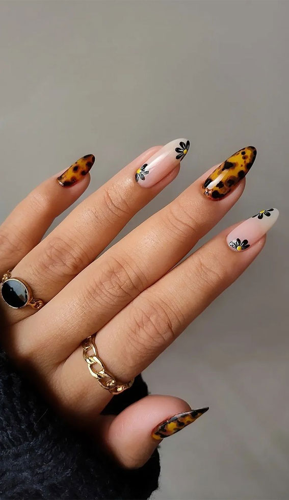 25 Beautiful November Nail Ideas Black Floral Tortoiseshell Nails