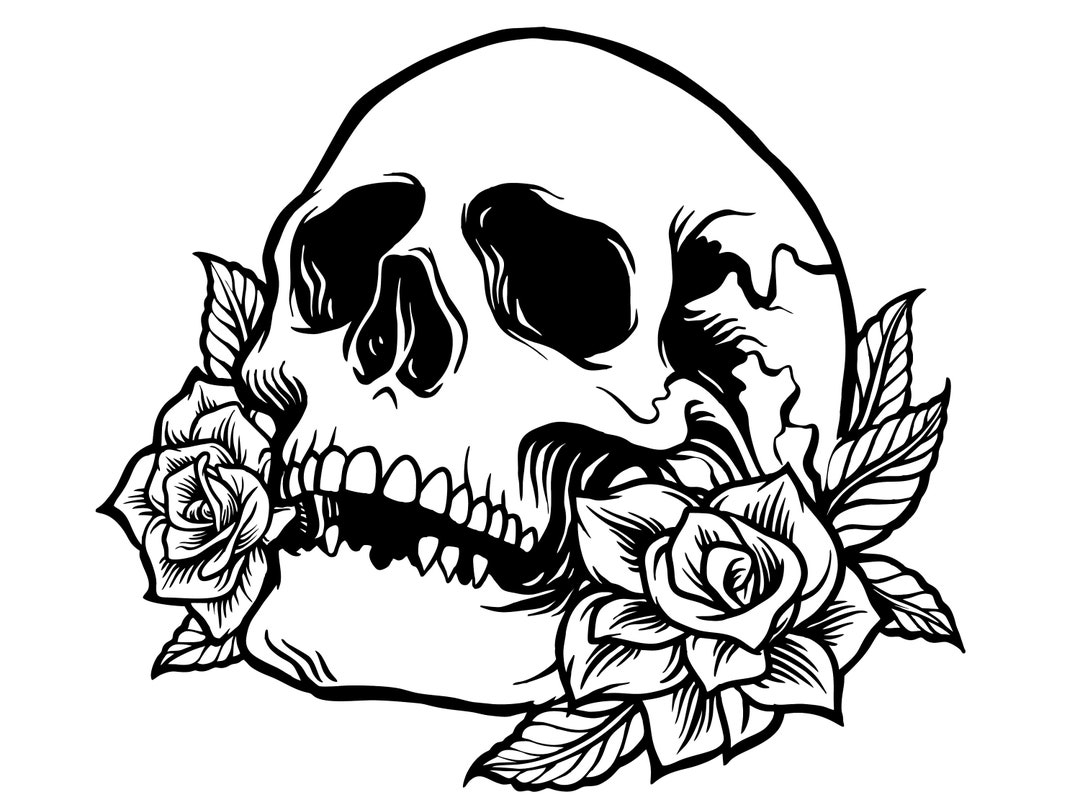 A Black And White Drawing Of A Skull With Flowers On It S Head