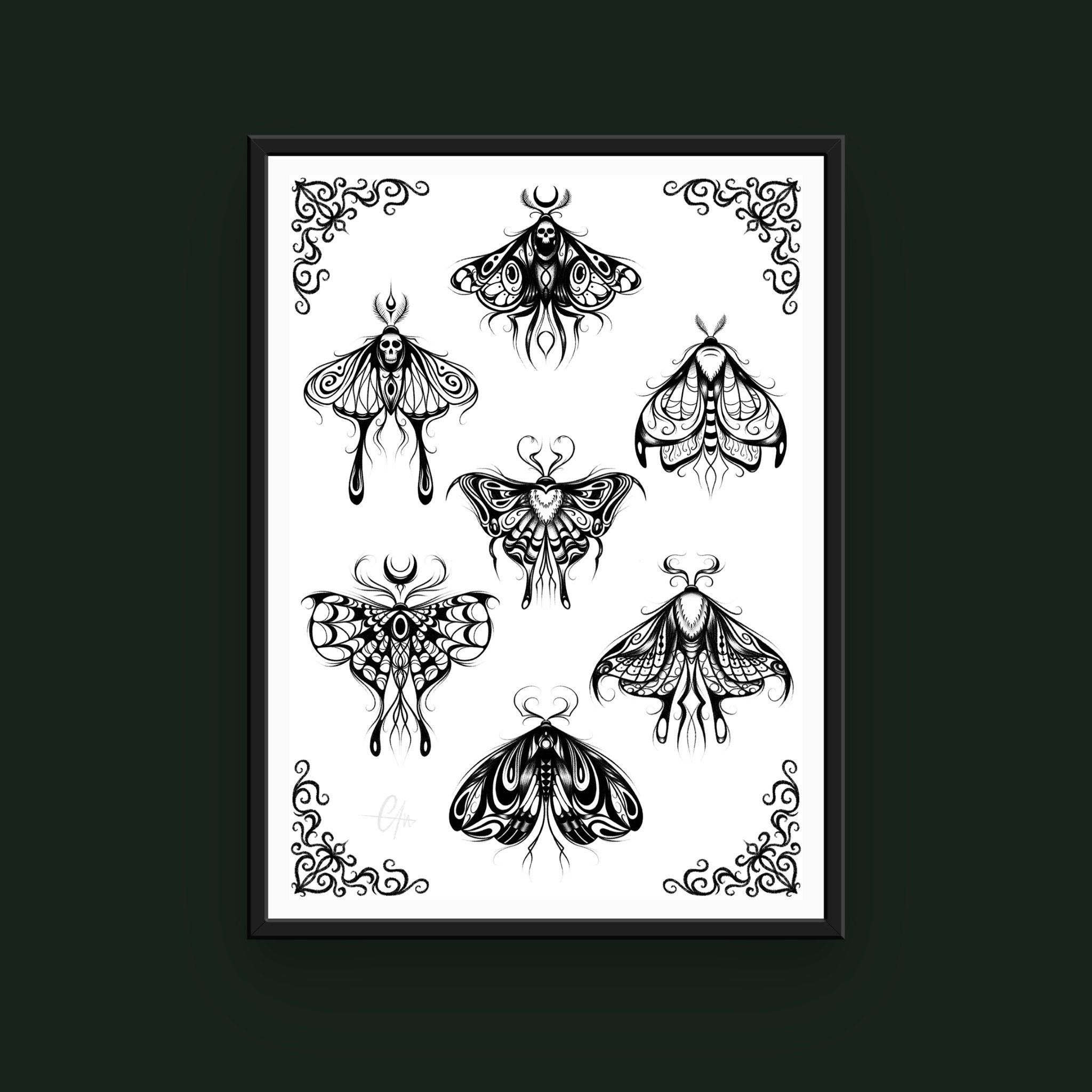 A Digital Art Print Of Gothic Moths In A Tattoo Flash Sheet Style Hand