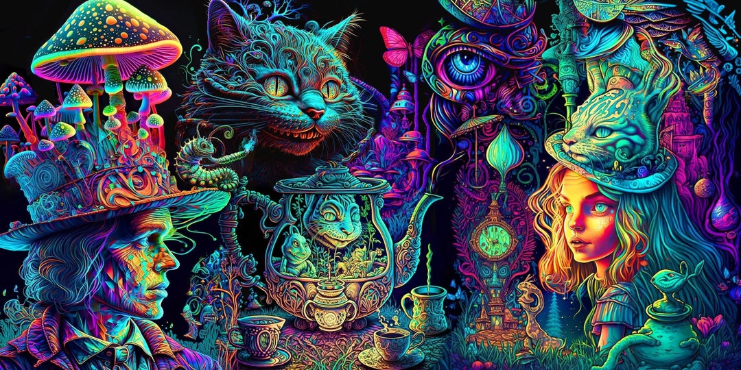 Alice In Wonderland Psychedelic Uv Tapestry Trippy Neon Etsy