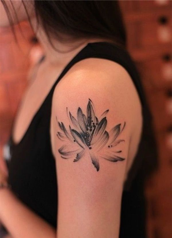 Amazing Black Ink Lotus Tattoo On Girl Left Shoulder By Khandiie Lotus Tattoo Sleeve Trendy