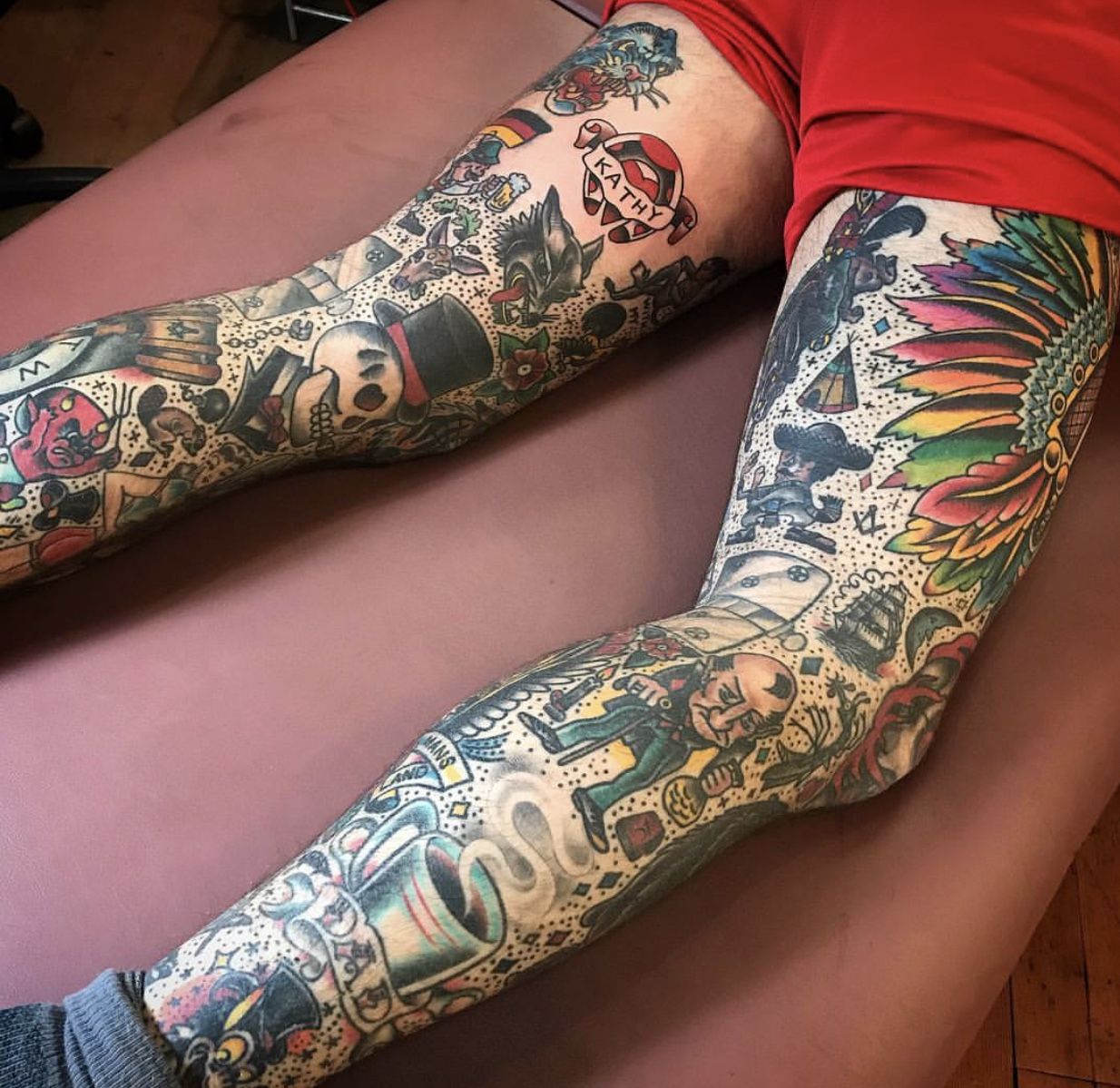 American Traditional Tattoo Leg Sleeve