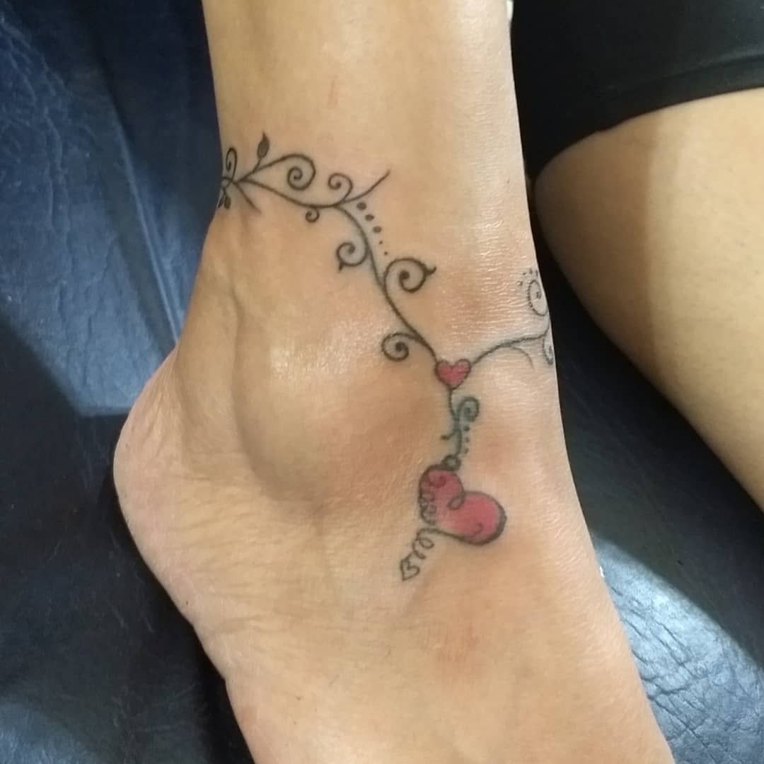 Ankle Bracelet Tattoo With Peace Sign Clover Double Heart Charms