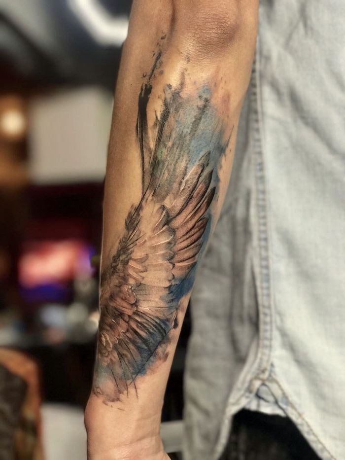 Arm Tattoo Blue Watercolor Angel And Demon Tattoo Blurred Background