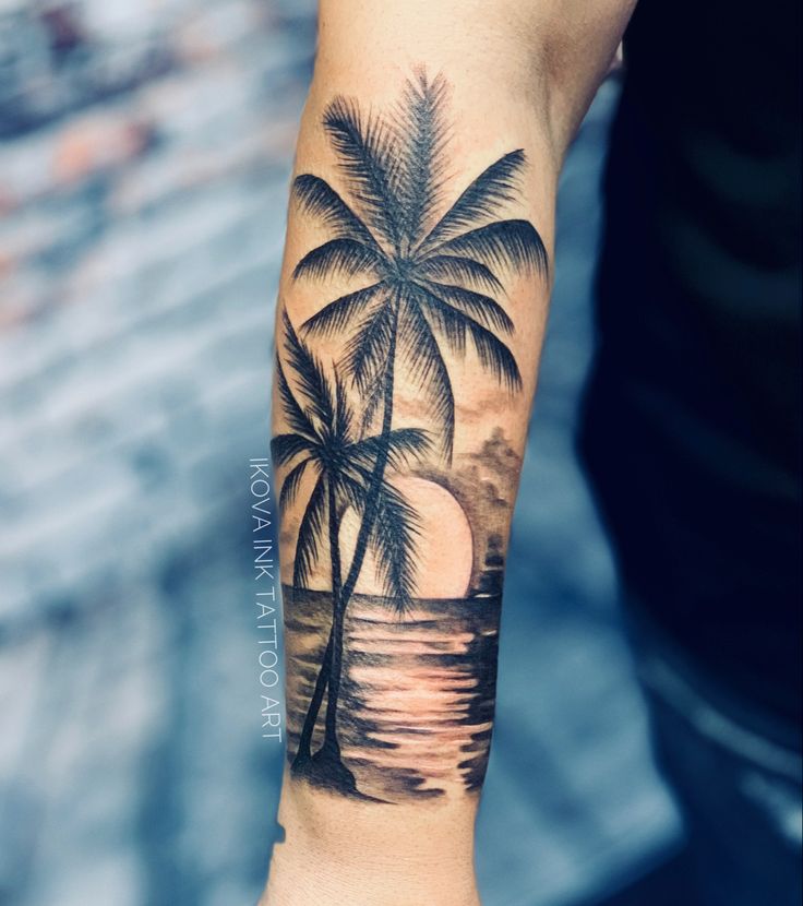 Beach Tattoo Sleeve By Ikova Tattoo Forearm Band Tattoos Sunset Tattoos Beach Tattoo