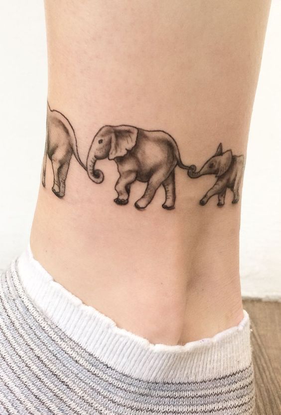 Beautiful Family Of Elephant Tattoo On Ankle Blurmark