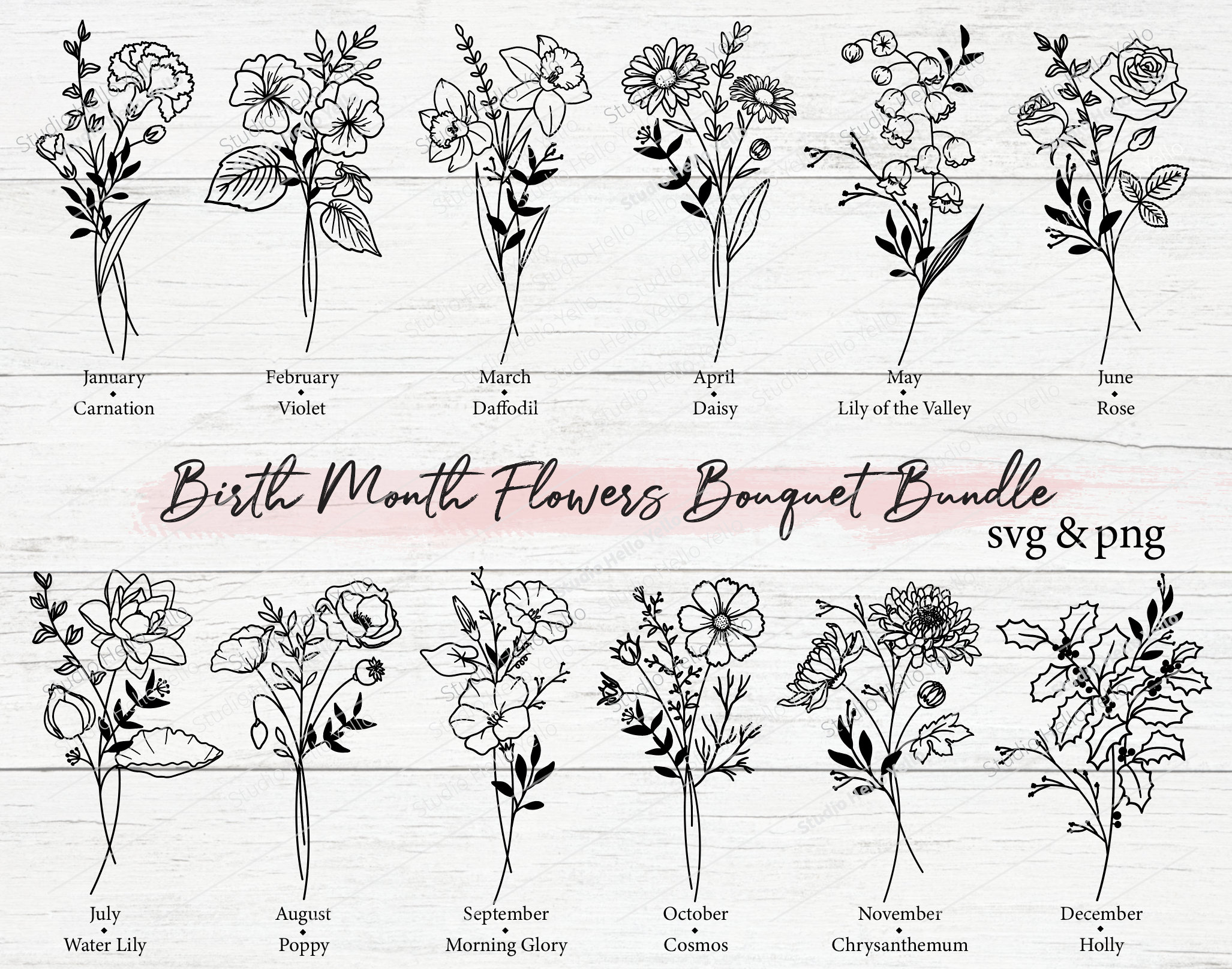 Birth Month Flower Svg Bundle Bouquet Clipart Floral Svg Etsy