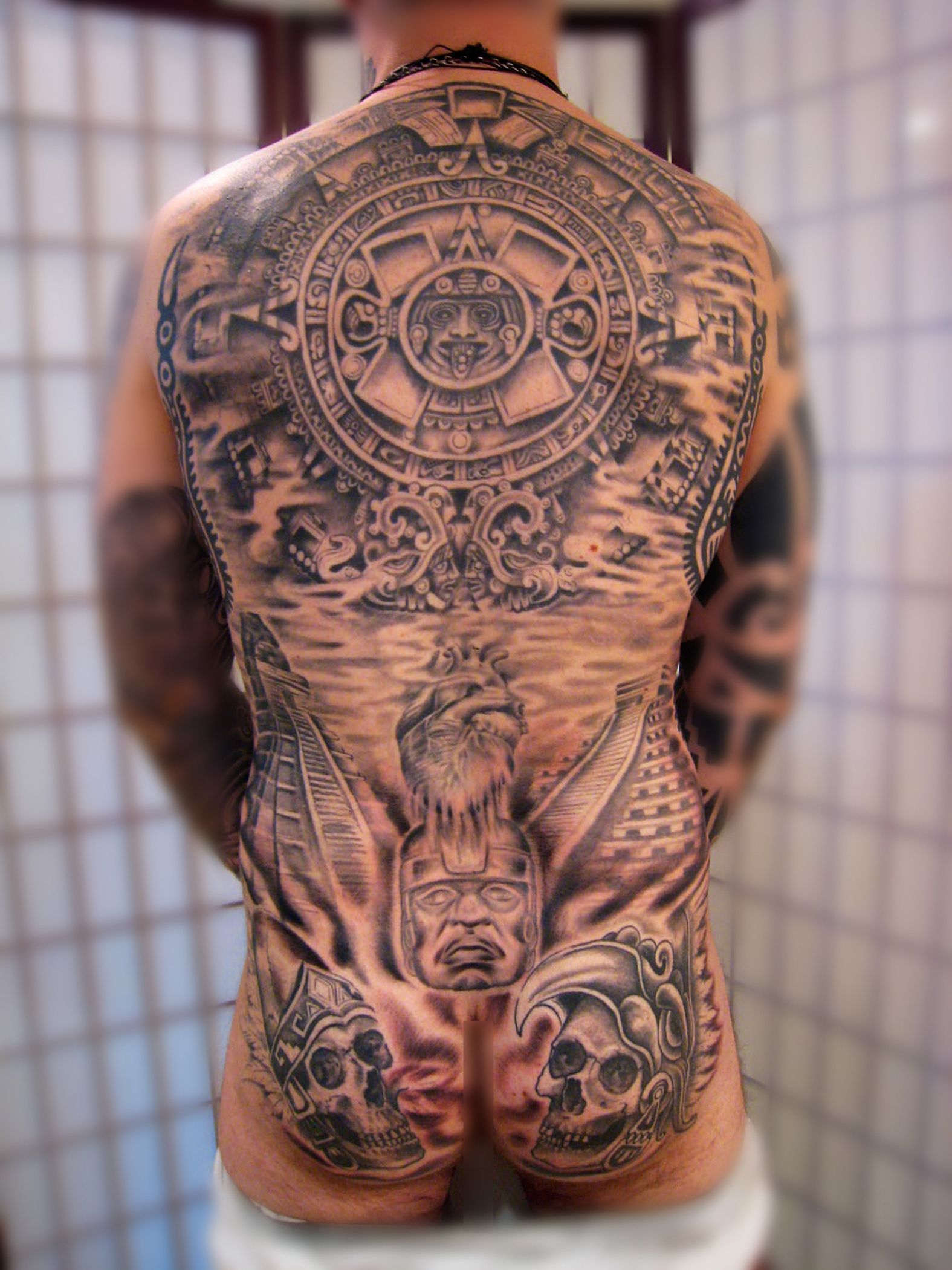 Black And Gray Aztec Back Piece Aztec Tattoo Mayan Tattoos Tribal Tattoos For Men