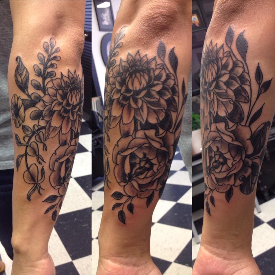 Black And Gray Flower Tattoo