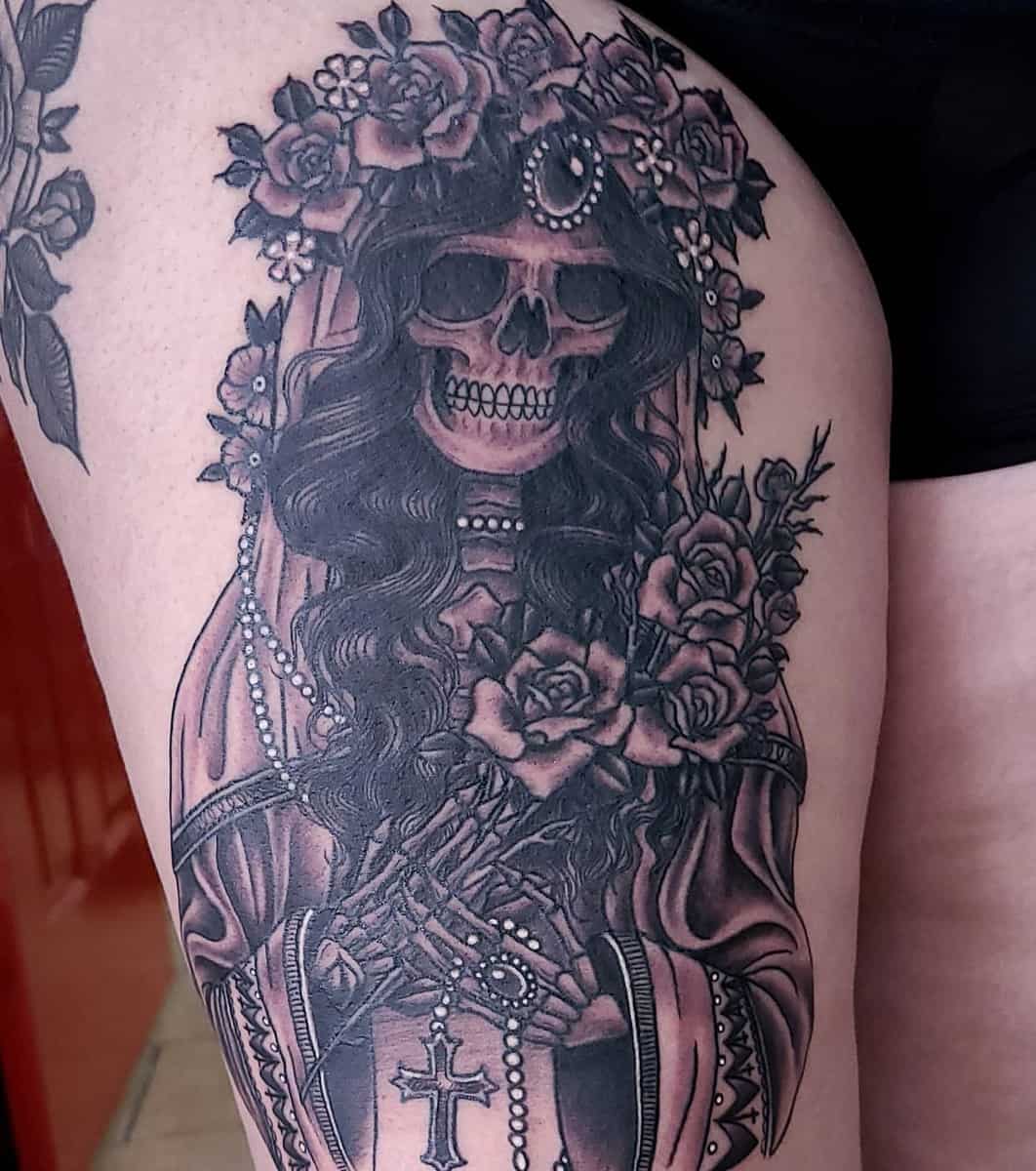 Black And Gray Santa Muerte Tattoo By Oak Adams Tattoonow