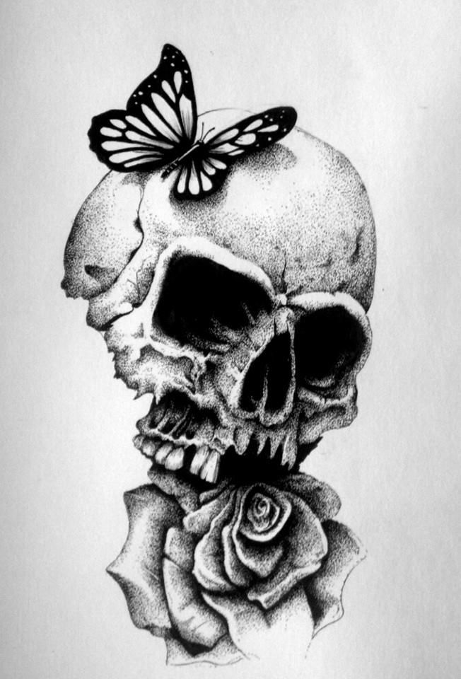 Black And White Ink Drawing Skull With Roses By Saraknid Dark Art