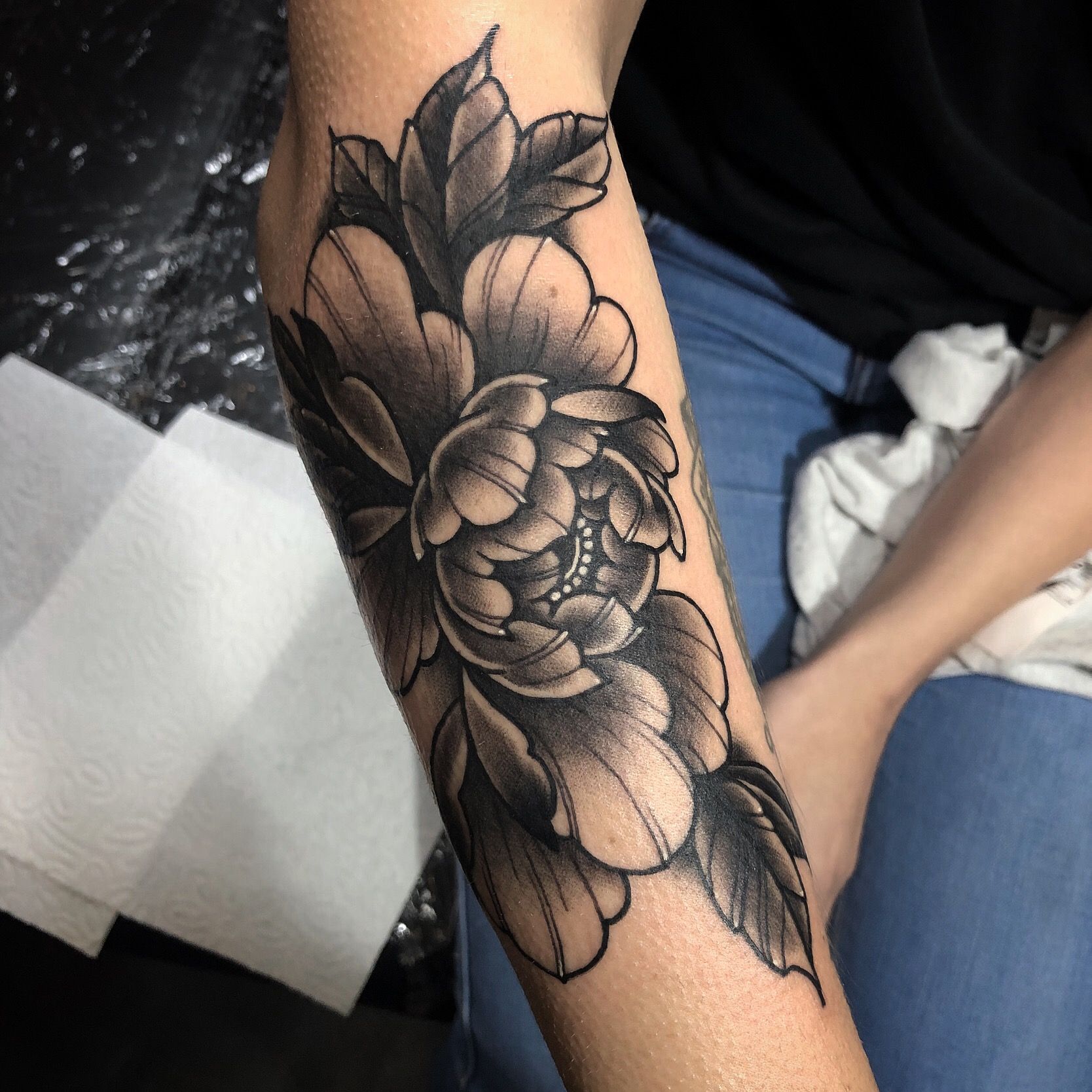 Black And White Peony Tattoo On The Upper Arm Floraltattoo Peony