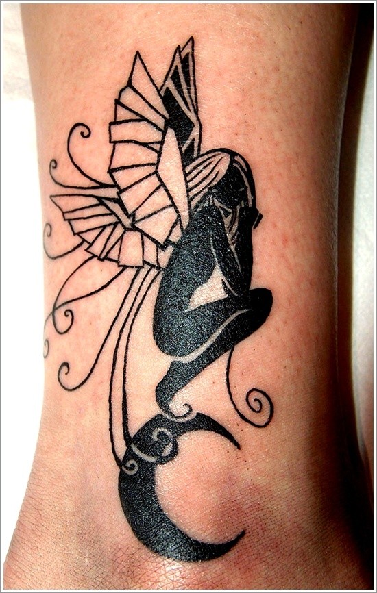 Black Ink Fairy With Moon Tattoo Tattooimages Biz