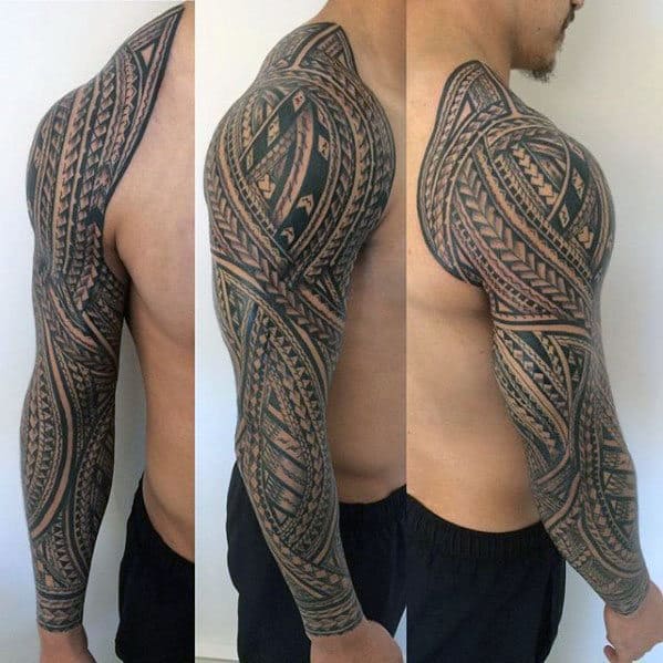 Black Ink Polynesian Tribal Male Half Sleeve Tattoos Half Sleeve