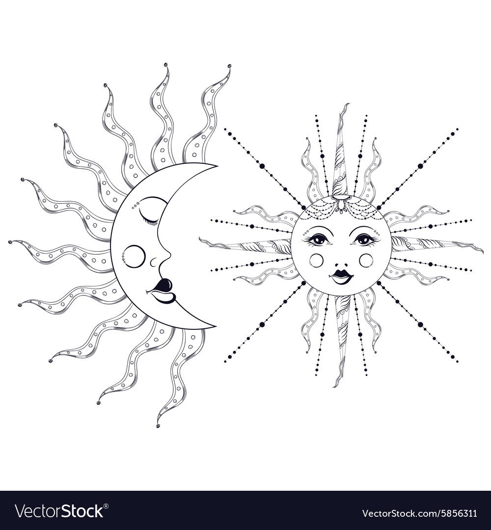 Boho Elegant Sun And Vintage Moon Tattoo Entangle Vector Image