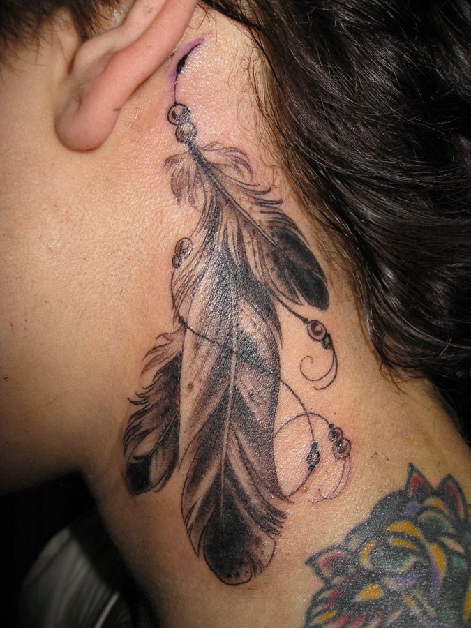 Cool Feathers Behind Ear Tattoo Idea