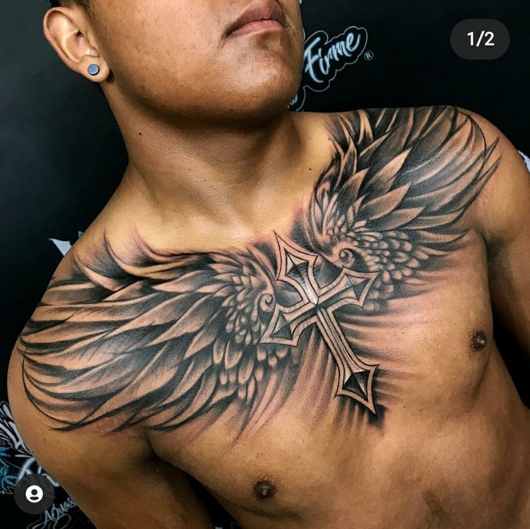 Cross With Angel Wings Tattoo On Chest Orientfrau