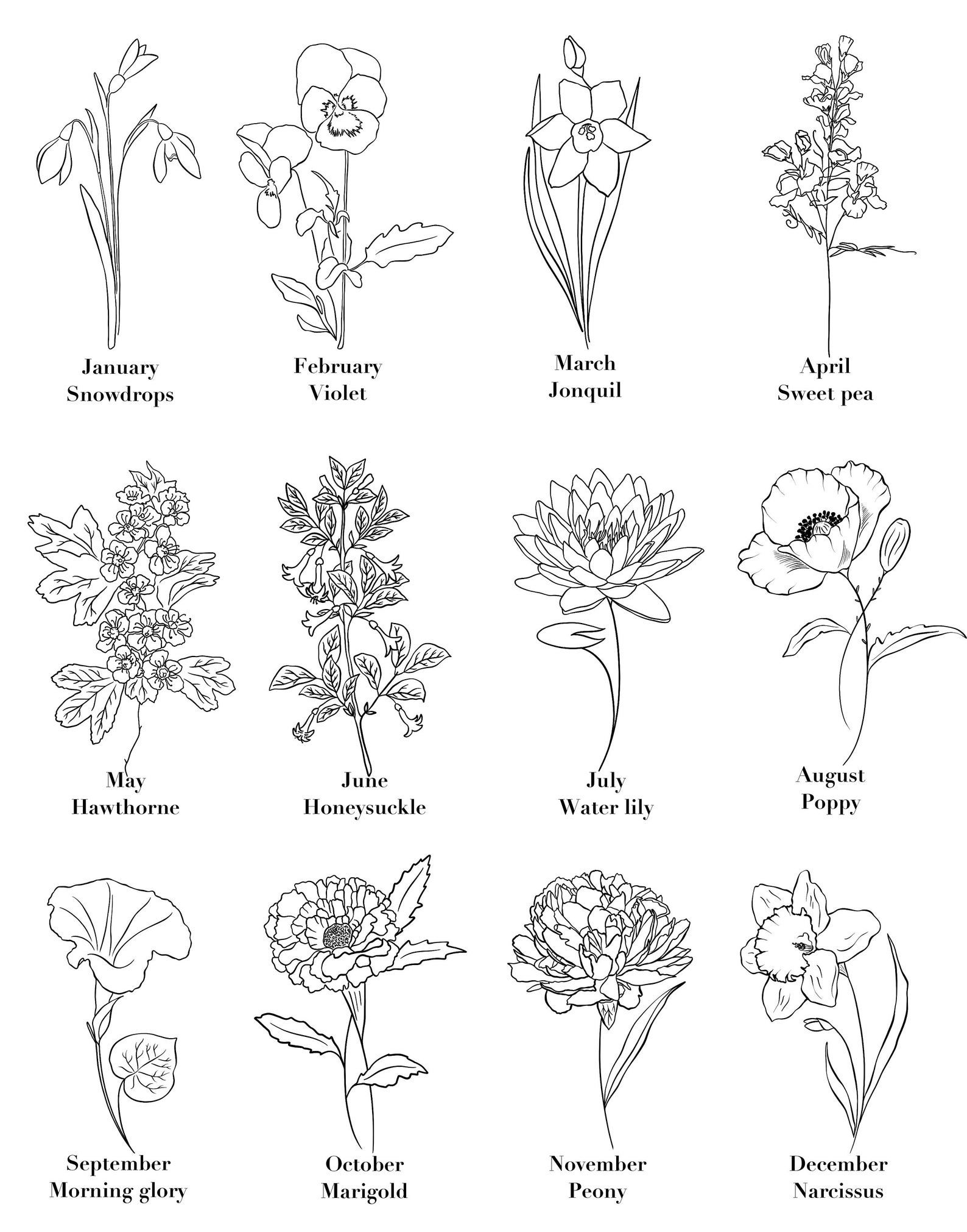 Custom Birth Flowers Bouquet Line Art Vertical Birth Flowers Etsy