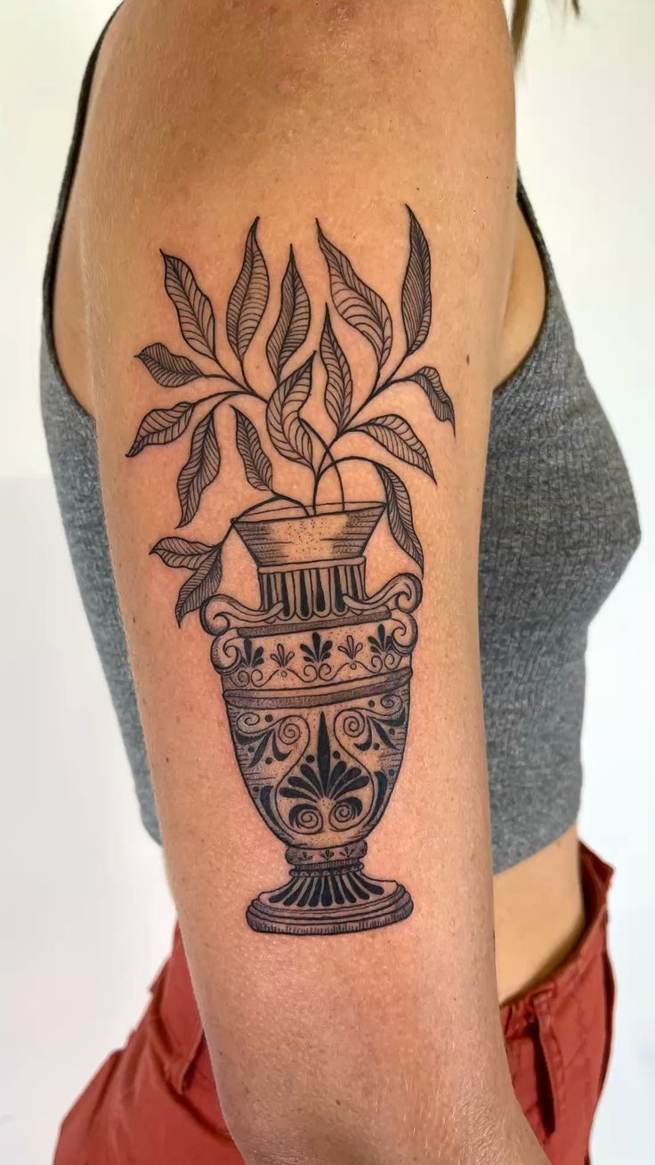 Detailed Greek Vessel Bicep Tattoo By Tattoo Mariah In Brooklyn Nyc Earthy Tattoos Calf