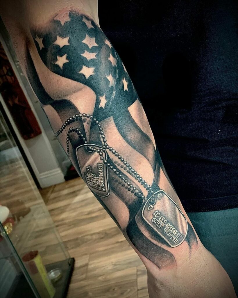 Dog Tags And American Flag Memorial Tattoo Military Tattoos Dog