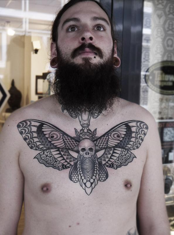 Dotwork Linework Geometric Death Head Moth Tattoo By Obi Tattoonow