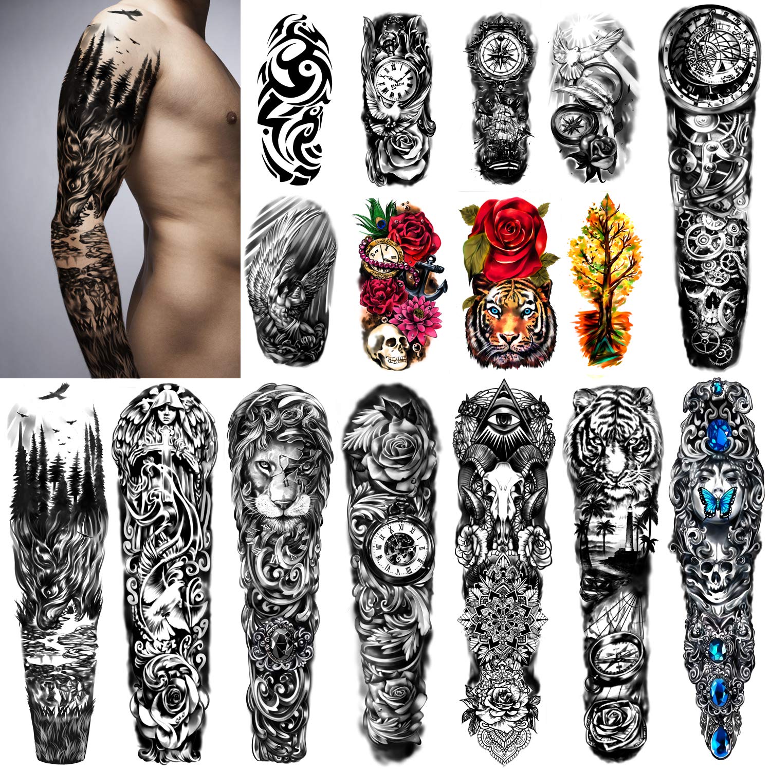 Extra Large Waterproof Temporary Tattoos 8 Sheets Full Arm Fake Tattoos