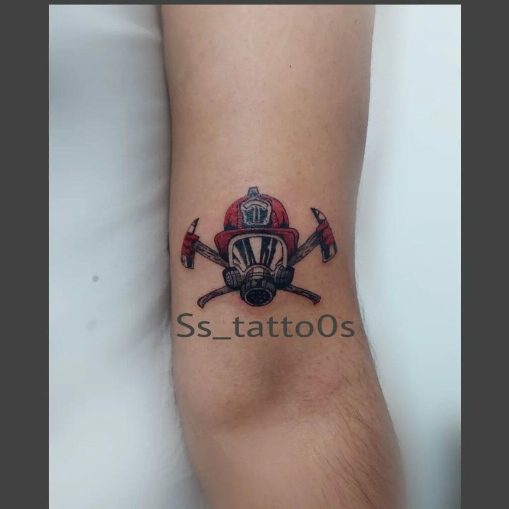 Firefighter With Logo Tattoo On Man Right Half Sleeve Half Sleeve