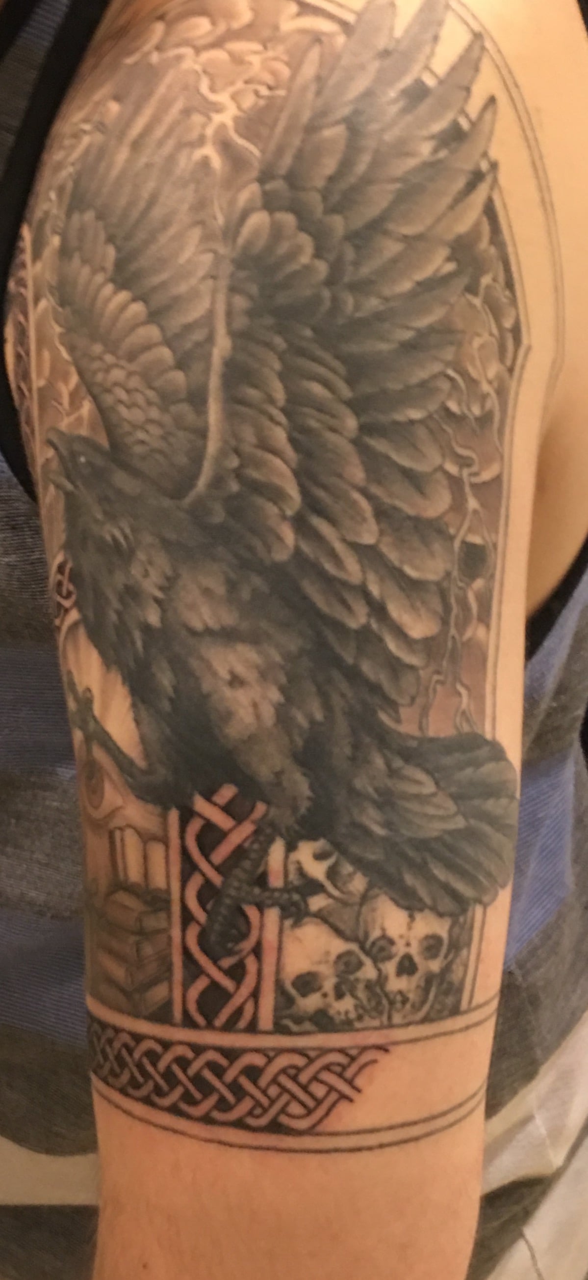 First Arm Of A Hugin And Munin Tattoo By Mijo Mike Of Bolder Ink In