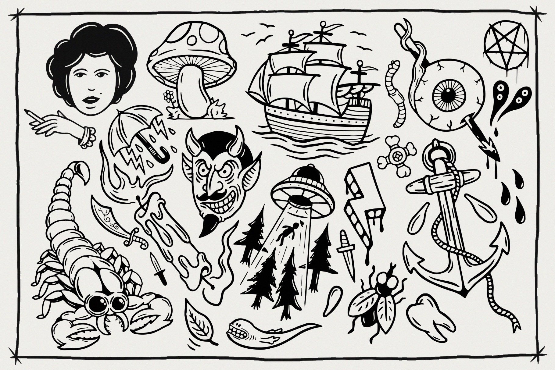 Flash Tattoo Sheet In 2020 Tattoo Flash Sheet Flash Tattoo Doodle