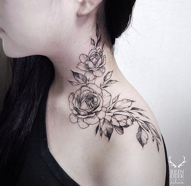 Floral Rose Neck Tattoo Feminine