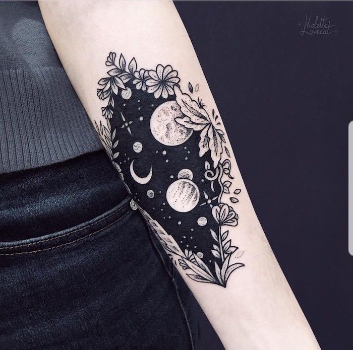 Forearm Floral Framed Tattoo Galaxy Tattoo Small Planets Stars Moon