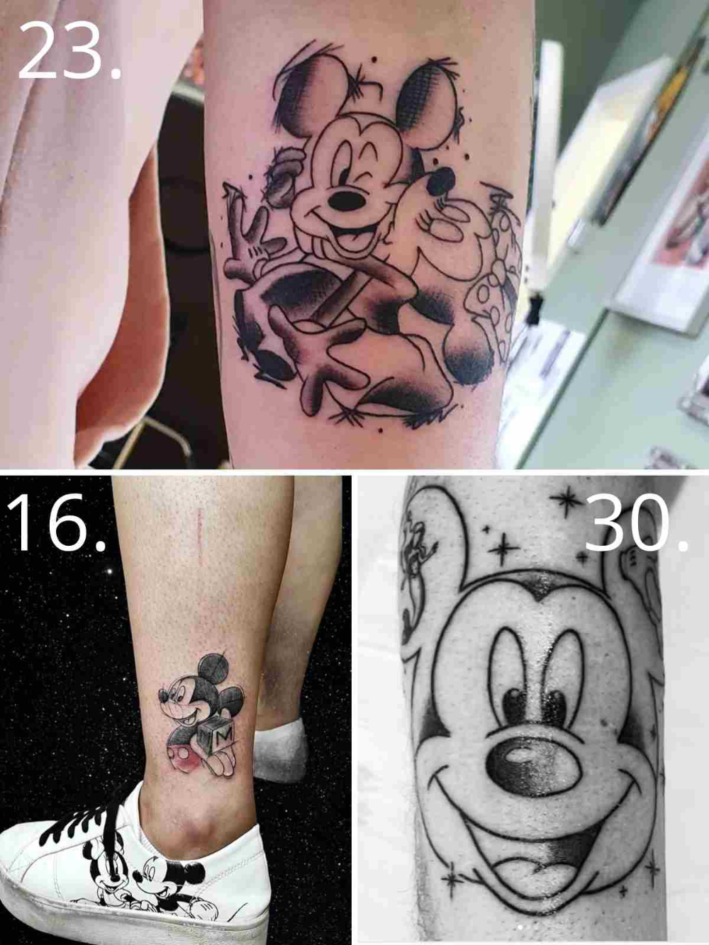 Four Different Tattoos On The Legs Of People With Mickey And Minnie Mouse Tattoo Designs In Them