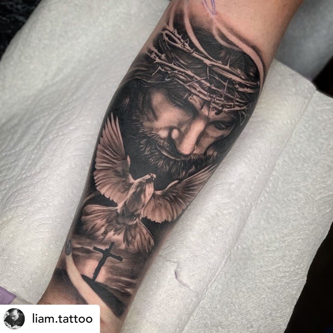 Full Arm Sleeve Religious Themed Guys 3D Jesus Tattoo Designs Jesus