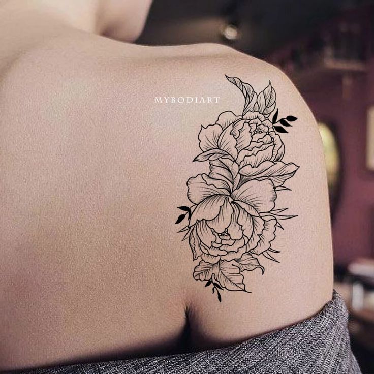 Garnet Delicate Black Peony Flower Outline Temporary Tattoo Flower