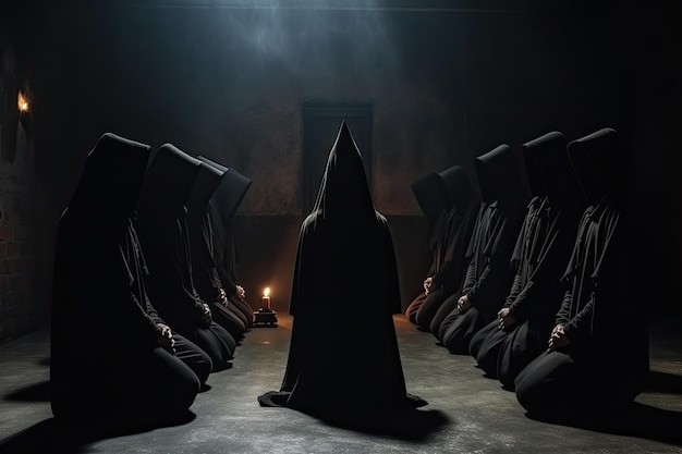 Group Of People In Death Costume Sitting In A Row In A Dark Room Selective Focus