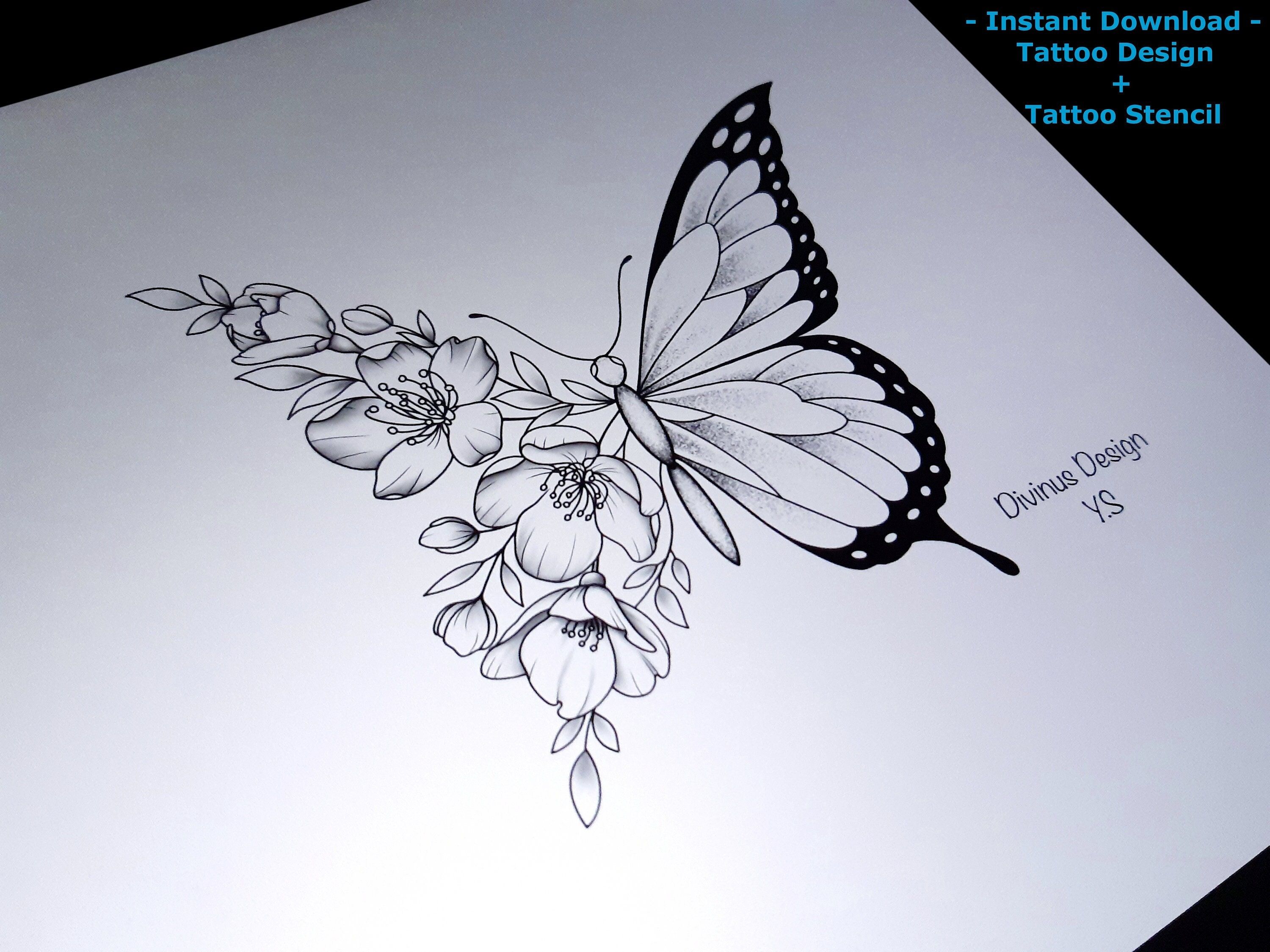 Half Butterfly And Half Flowers Tattoo Design Stencil Tattoo Template Floral Butterfly Tattoo