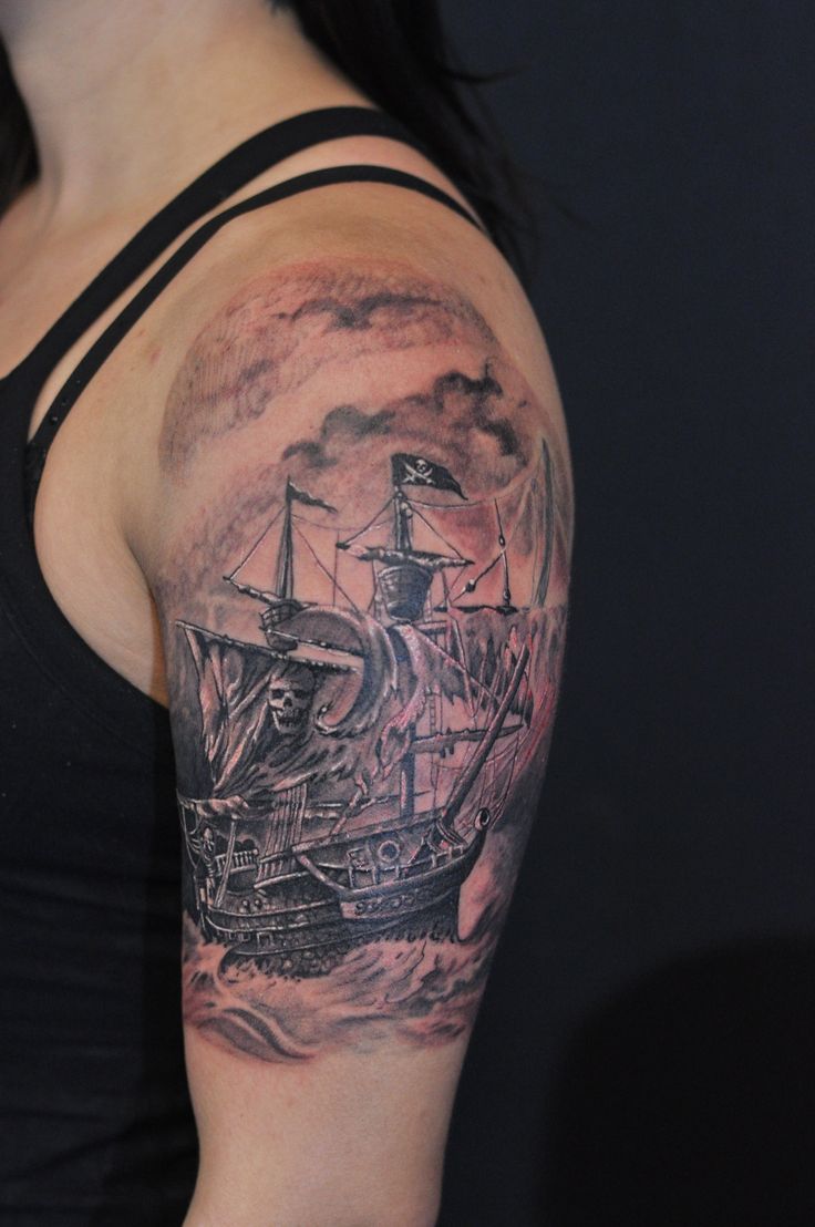 Half Sleeve Black And Grey Pirate Ship Tattoo Chronic Ink Pirate