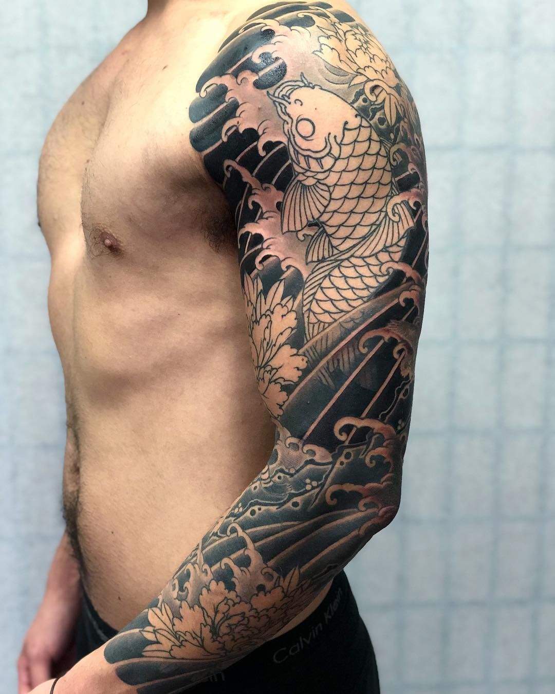 Hand Drawn Koi Fish With Flower Tattoo For Arm Japanese Tattoo And