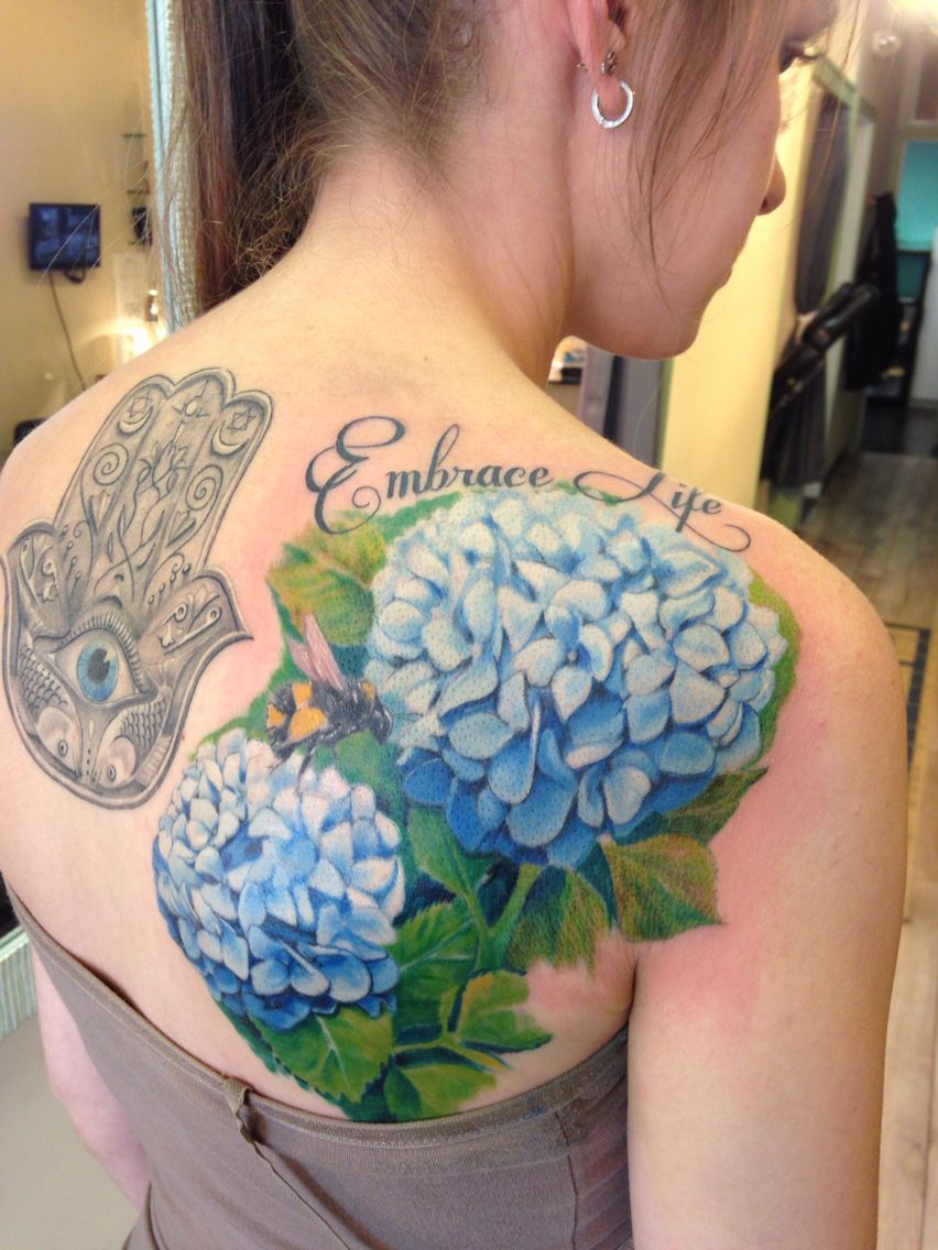 Hydrangea Tattoo Done At Bad Fish Tattoo In Norwalk Ct Hydrangea