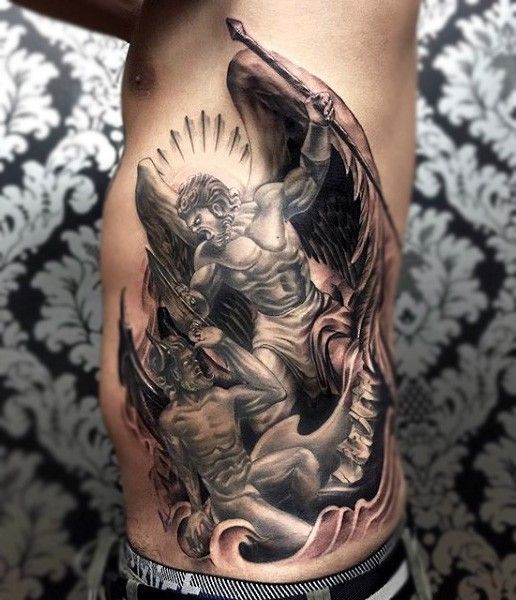 Interesting Looking Colored Angel With Demons Fight Tattoo On Side