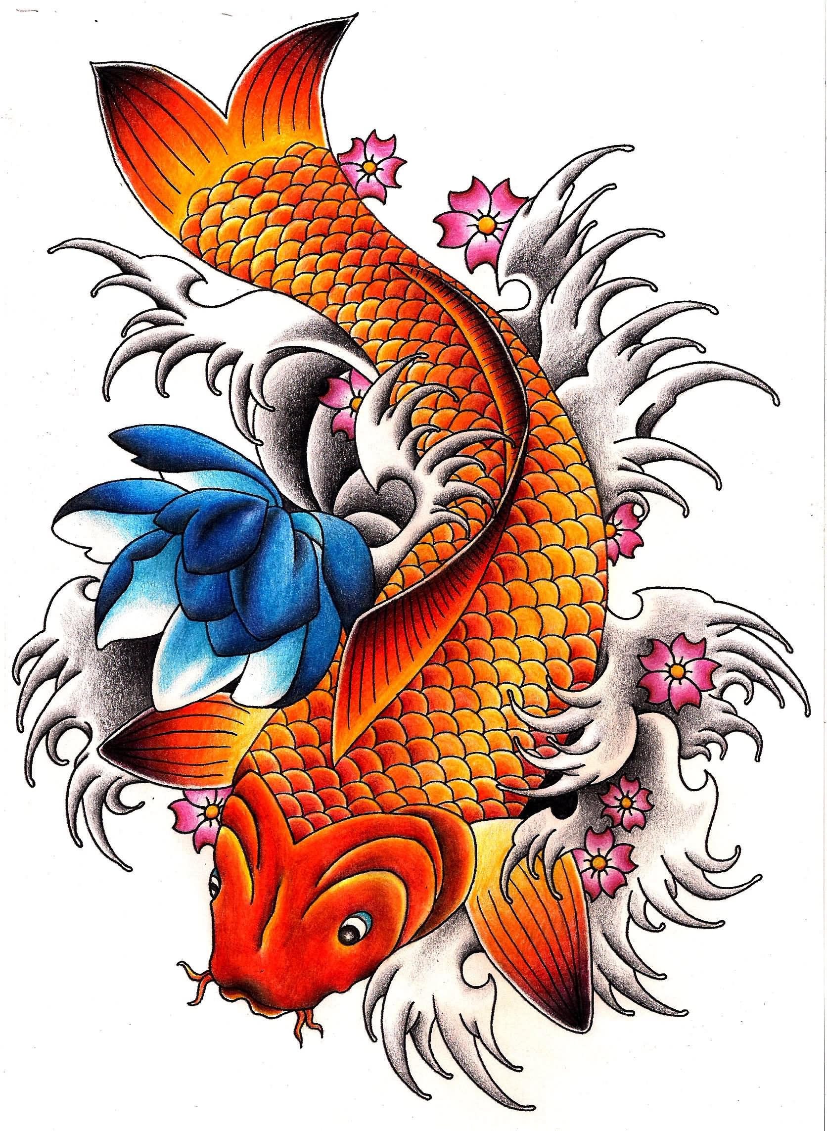 Japanese Demon And Carp Fish Tattoo Design Hand Drawn Oni And Koi Fish