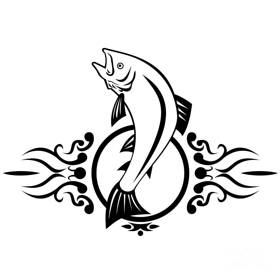 Lake Trout Jumping Up Tribal Tattoo Retro Style Black And White By