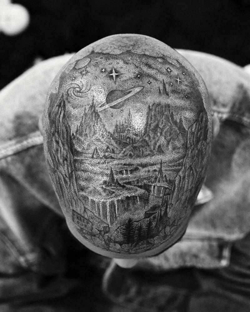 Landscape Tattoo Located On Kid Cudi Amp 39 S Head