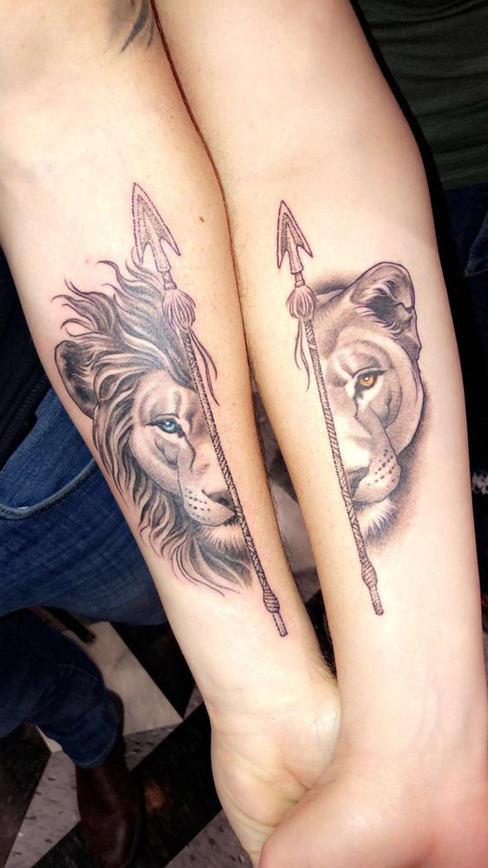 Lion And Lioness Couple Tattoos