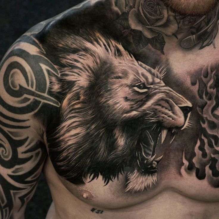 Lion Coverup On Reeces Chest By Thomas Wells Chest Tattoo Men Lion Tattoo Mens Lion Tattoo