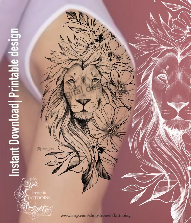 Lion Flowers Tattoo Design Instant Download Original Print Graphic