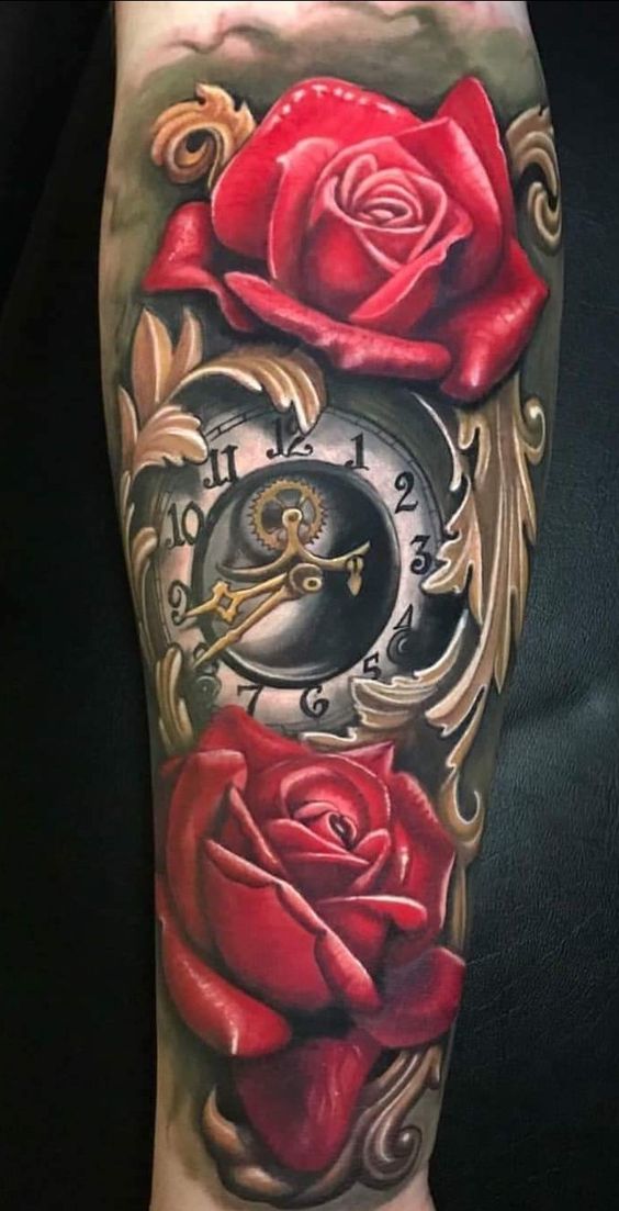 Luxurious Clock And Rose Tattoo Timeless Love Embodied