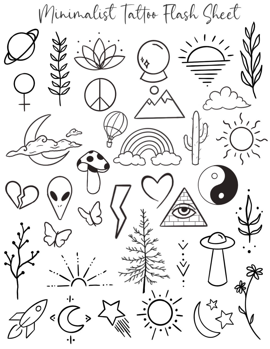 Minimalist Temporary Tattoo Flash Sheet Set Of 35 Small Etsy In 2022