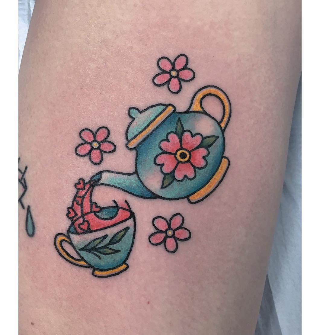 Neo Traditional Cat In A Teacup Tattoo Teacup Tattoo Tattoos Hand